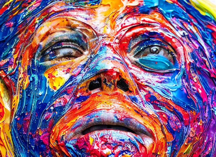 Prompt: still shot close up footage of a human head made of acrylic pour and splashing paint and dripping paint, thick impasto paint, embossed paint, big flying chunks of paint, motion blur, hyperrealistic, medical, intricate art photography, anatomically correct, realistic crisp textures, 1 6 k