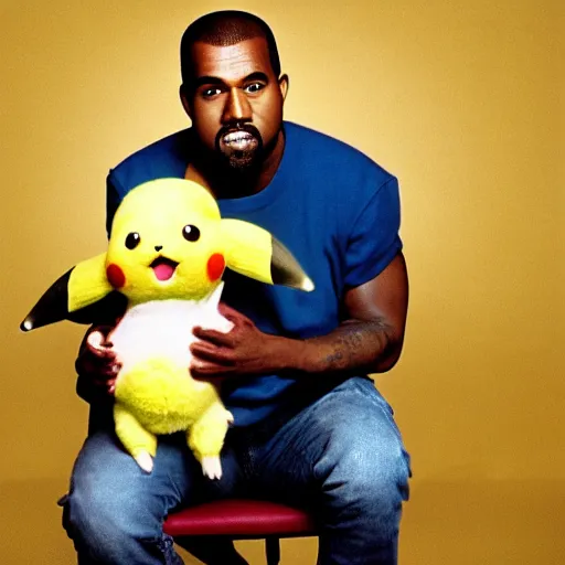 Image similar to kanye west smiling holding pikachu for a 1 9 9 0 s sitcom tv show, studio photograph, portrait c 1 2. 0