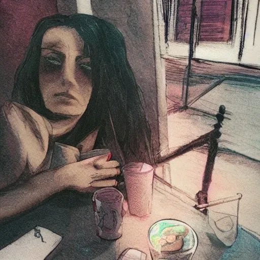 Image similar to death from the'the sandman'waiting for a friend at a cafe, realistic, soft lighting, cute, kindness