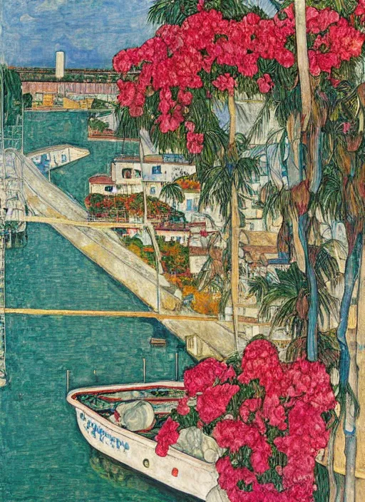 Prompt: bayonne bridge on local river, 3 boat in river, 2 number house near a lot of palm trees and bougainvillea, hot with shining sun, painting by egon schiele