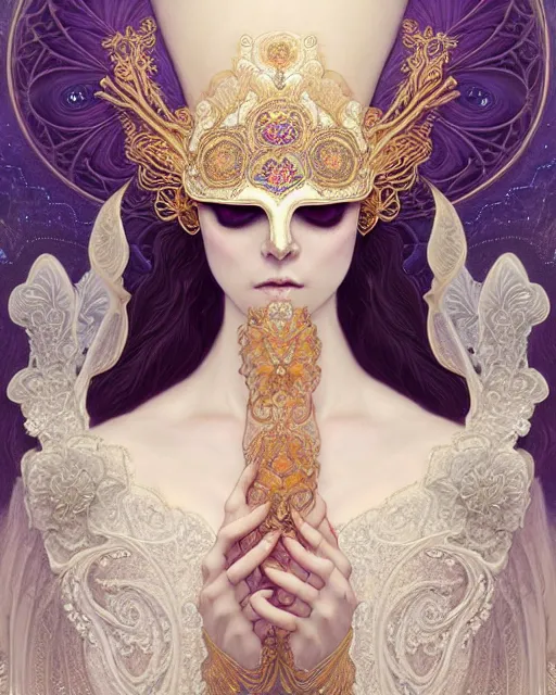 Image similar to beautiful ethereal maiden in a ivory masquerade mask intricate ornate fractal-lace and gemstones, wearing stunning ivory dress, ivory gold iridescent, full view, soft lighting, vivid, Hyperdetailed, 4k hd matte painting by Artgerm, Greg Rutkowski, Klimt, James Jean, 8k resolution, enchanting and otherworldly, Artstation, CGsociety, detailed, front view