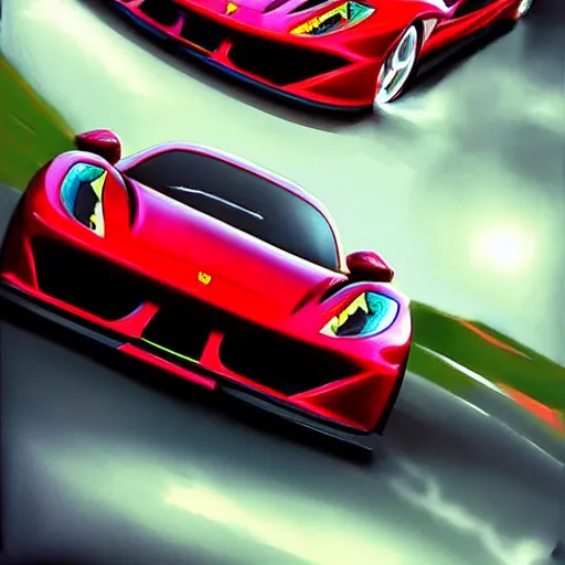 Prompt: fast sportscar reminiscent of ferrari and porsche in a lush field, shiny, red, beautiful lighting, photorealistic, sharp, sunset, by artgerm