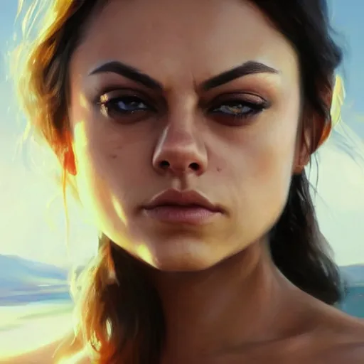 Image similar to winking mila kunis closeup portrait, dramatic light, lake background, 2 0 0 mm focal length, painted by stanley lau, painted by greg rutkowski, painted by stanley artgerm, digital art, trending on artstation