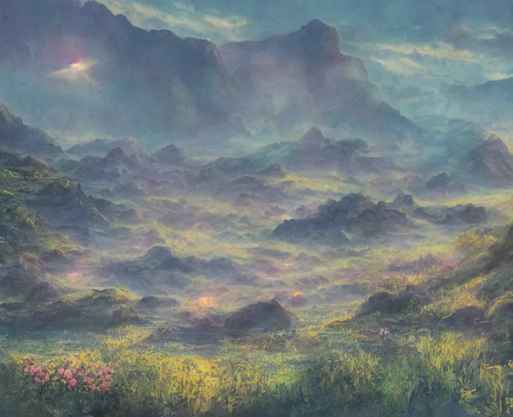 Prompt: a landscape pastel in the style of noriyoshi ohrai of a field of lotus flowers, glowing with iridescent mana. some misty mountains in the background. key art. 4 k retrofuturistic fantasy