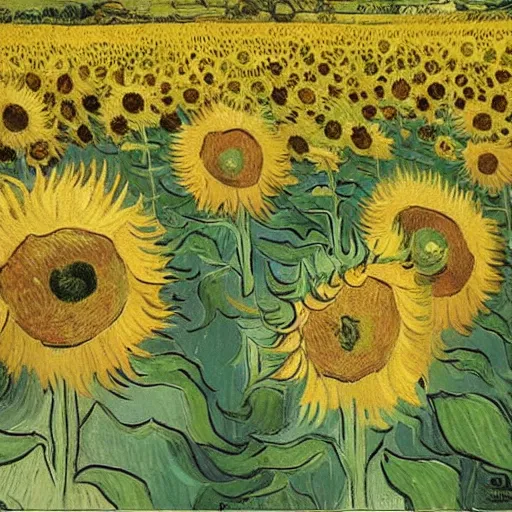 Image similar to “ cat sleeping in field of sunflowers, vincent van gogh ”