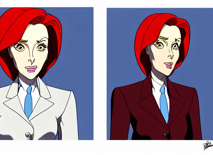 Image similar to a shaded animation cel of dana scully, sharp detail, thin linework, realistic anatomy, in the style of western cartoons, by don bluth, filmation, toei animation, studio trigger, studio ghibli, 5 k, artstation trending