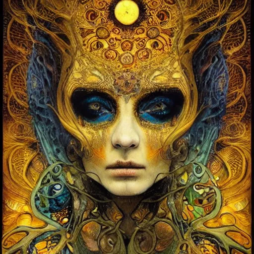 Image similar to Memento Mori by Karol Bak, Jean Deville, Gustav Klimt, and Vincent Van Gogh, beautiful visionary mystical portrait, calavera, otherworldly, fractal structures, ornate gilded medieval icon, third eye, spirals, beautiful botanical calavera