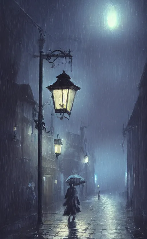 Image similar to a blurry ambient lantern in the distance of a rainy victorian village at night, dynamic lighting, ambient lighting, atmospherical, photorealistic fantasy concept art, trending on art station, stunning visuals, creative, cinematic, ultra detailed