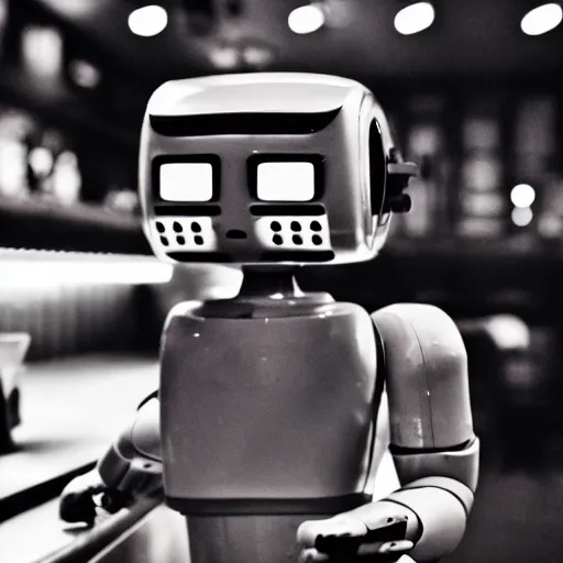 Image similar to a close up photograph of a robot crying alone at a bar, 40mm lens, focused