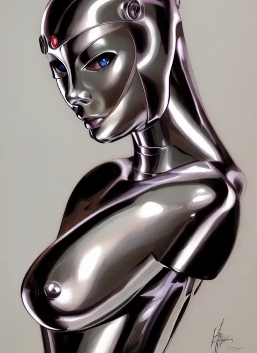 Prompt: beautiful female chrome robo, portrait by hagime sorayama and gerald brom, colorul, extreme detail, reflections, trending on artstation, 8 k