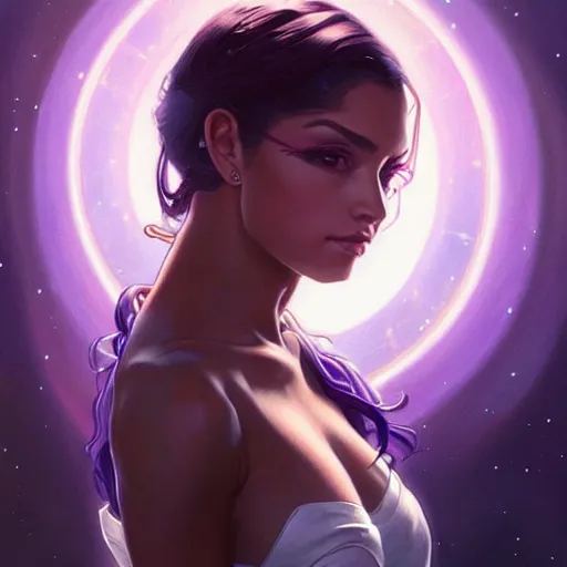 Image similar to Portrait of very very very very very very beautiful Latina woman, spacesuit, purple eyes, intricate, elegant, highly detailed, digital painting, artstation, concept art, smooth, sharp focus, illustration, art by artgerm and greg rutkowski and alphonse mucha