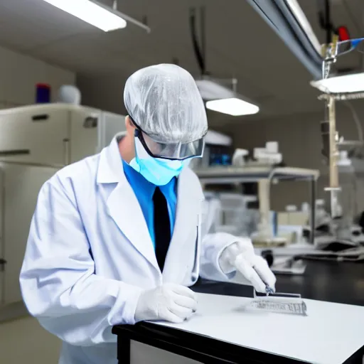 Image similar to mothman, wearing a labcoat, in a lab, writing on a clipboard