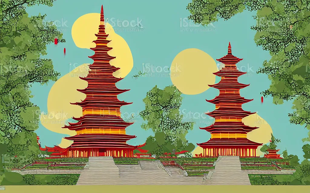 Image similar to large chinese buddhist pagoda in park, vector art, minimalism,