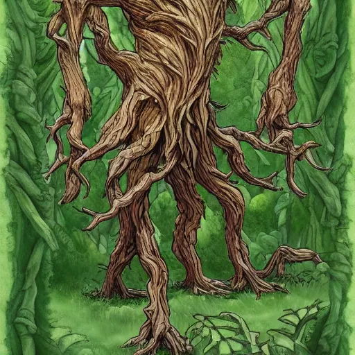 Image similar to giant green old treant creature, treant made of leaves and roots, old treant, old humanoid ents, epic fantasy style, green theme, forest background, hearthstone artwork