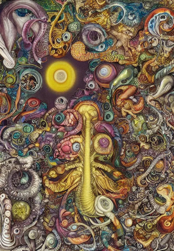 Image similar to simplicity, colorful muscular eldritch mollusks and bodies radiating town fractal, mandala white bones, colorful gems, brush pen, by h. r. giger and esao andrews and maria sibylla merian eugene delacroix, gustave dore, thomas moran, pop art, chiaroscuro, biopunk, art nouveau