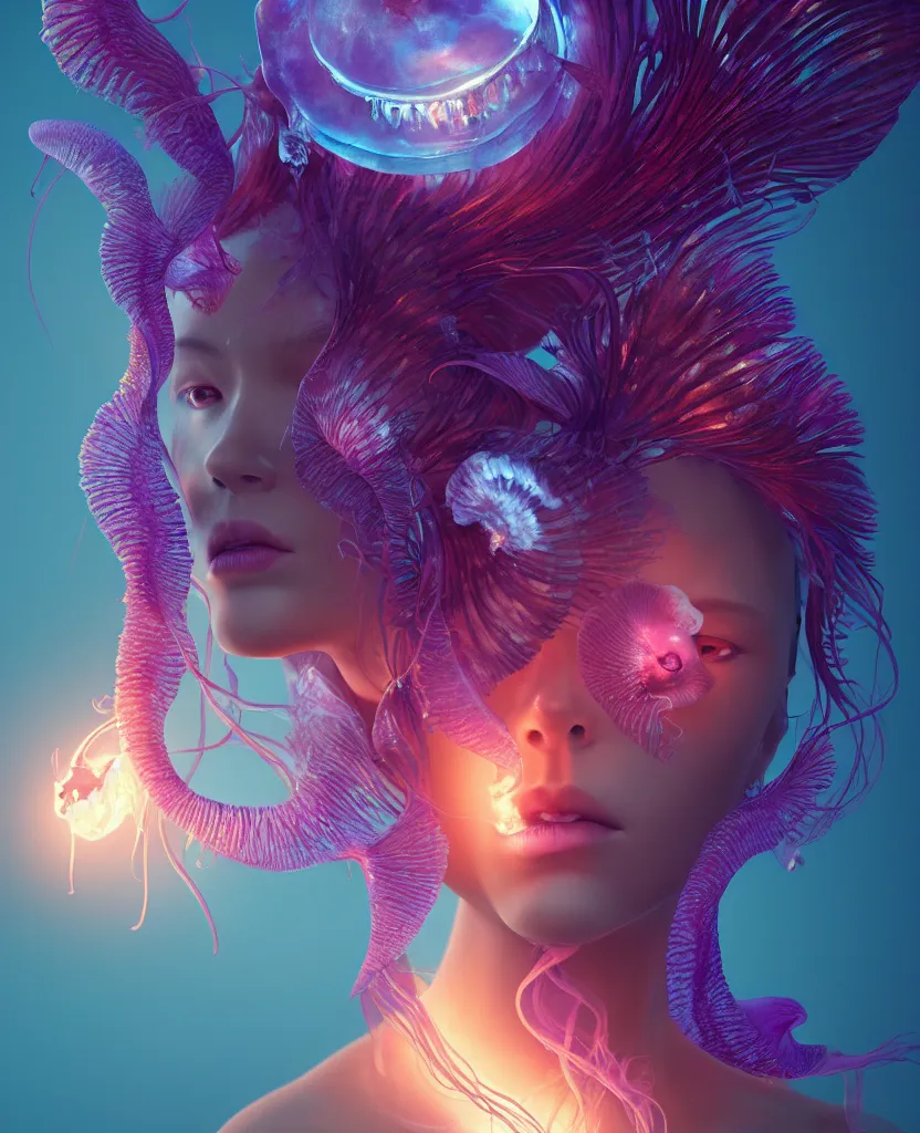 Image similar to goddess close-up portrait. orchid jellyfish phoenix head, nautilus, skull, betta fish, bioluminiscent creatures, intricate artwork by Tooth Wu and wlop and beeple. octane render, trending on artstation, greg rutkowski very coherent symmetrical artwork. cinematic, hyper realism, high detail, octane render, 8k