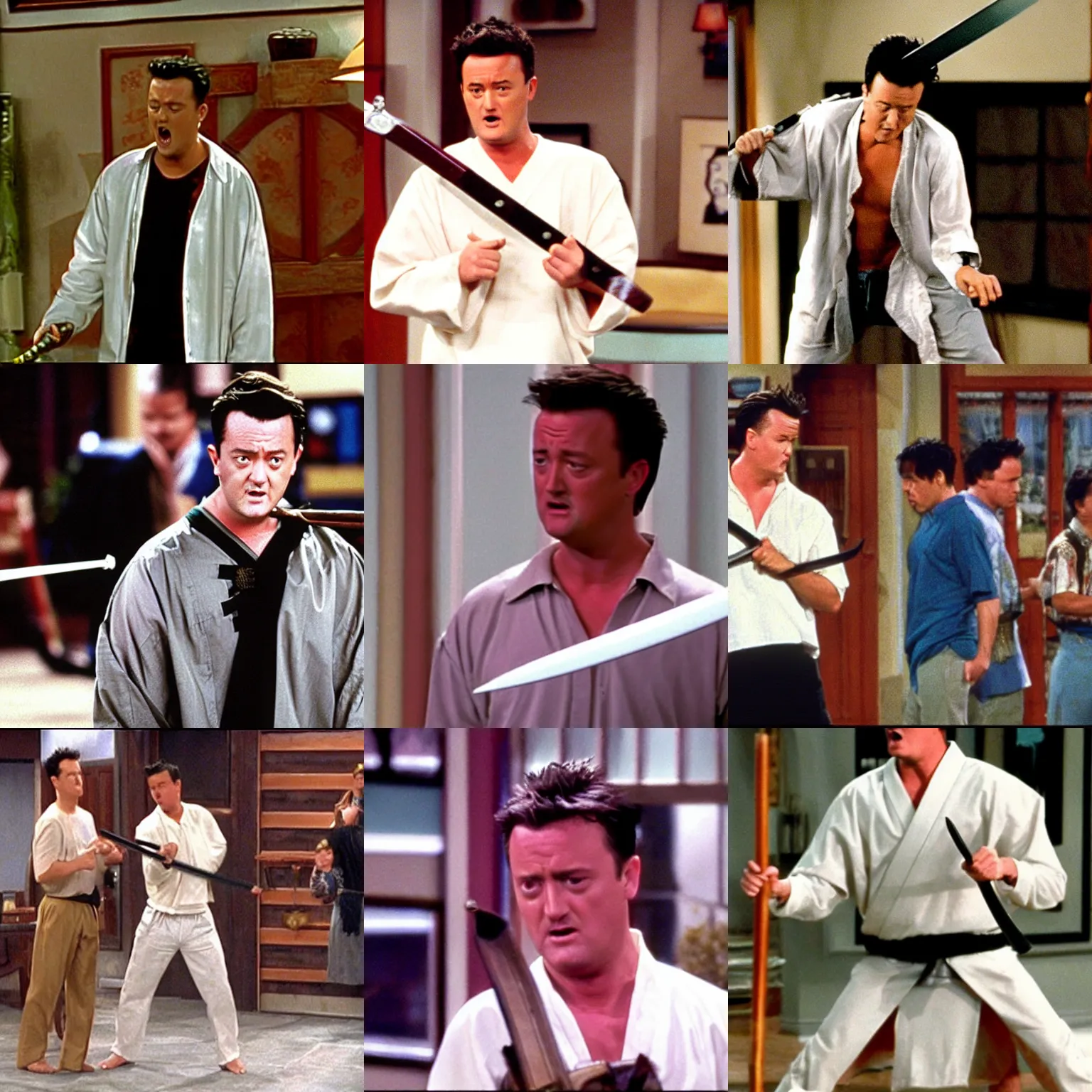 Prompt: chandler bing extremely angry wearing white y - fronts holding a samurai sword,'friends'9 0 s tv show screenshot
