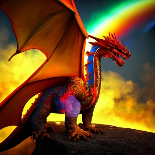 Prompt: dragon that is on fire breathing rainbow fire, surreal, sharp focus, digital art, epic composition, concept art, dynamic lighting, intricate, highly detailed, 8 k, unreal engine, blender render