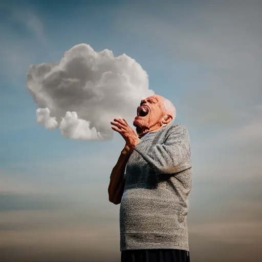 Image similar to portrait of an elderly man screaming at a cloud, ☁, canon eos r 3, f / 1. 4, iso 2 0 0, 1 / 1 6 0 s, 8 k, raw, unedited, symmetrical balance, wide angle