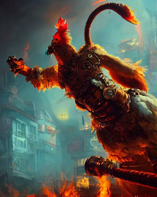 Image similar to Chicken, Anthropomorphized, holding flamethrower, raging, red, Golden Steampunk city atmosphere, magic the gathering artwork, D&D, fantasy, cinematic lighting, centered, symmetrical, highly detailed, digital painting, artstation, concept art, smooth, sharp focus, illustration, volumetric lighting, epic Composition, 8k, art by Akihiko Yoshida and Greg Rutkowski and Craig Mullins, heroic pose, oil painting, cgsociety