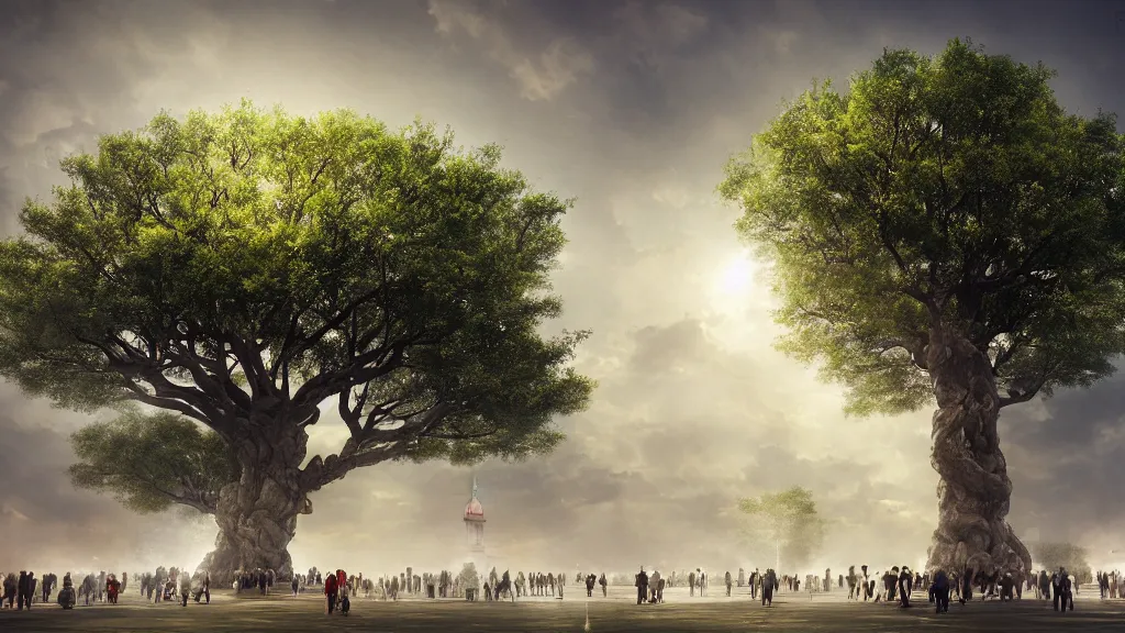 Prompt: the great elven tree growing in the middle of tiananmen square, beijing. andreas achenbach, artgerm, mikko lagerstedt, zack snyder, tokujin yoshioka