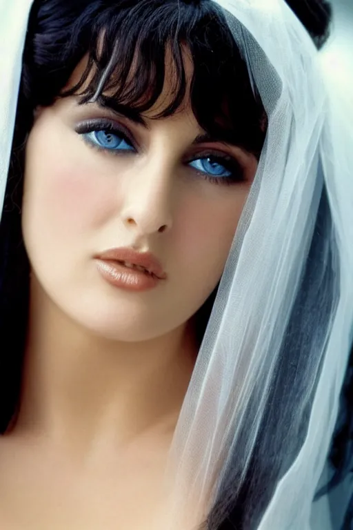 Prompt: young arab Monica Bellucci, blue eyes, long wavy black hair, white veil, closeup, focus, colored