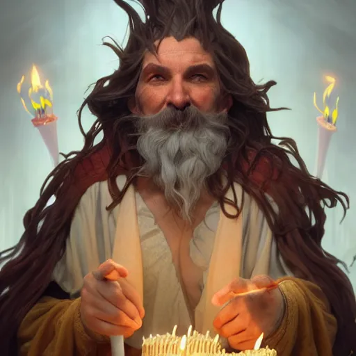 Image similar to a yound deshelved wizard with crazy hair blowing out his birthday candles, art by artgerm and greg rutkowski and alphonse mucha, concept art, octane render, unreal engine 5, highly detailed, high quality, 8 k, soft lighting, realistic face, path traced