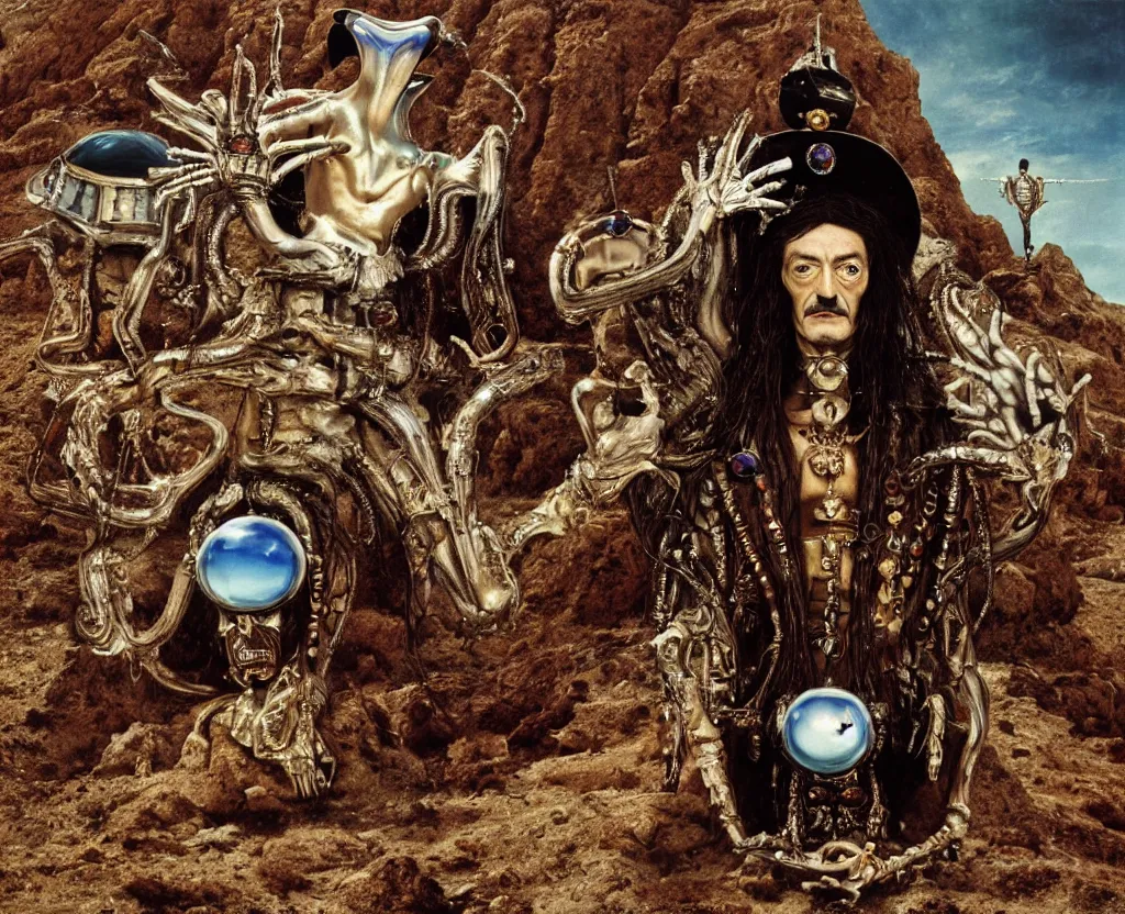 Image similar to portrait of salvador dali wearing a crown and costume with jewels in a dry rocky desert landscape, alien spaceship by giger, film still from the movie by alejandro jodorowsky with cinematogrophy of christopher doyle and art direction by hans giger, anamorphic lens, kodakchrome, very detailed photo, 8 k