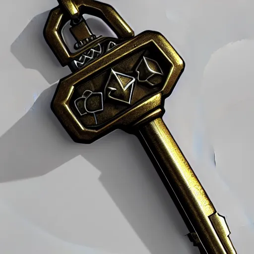 Image similar to a metal key concept art, icon, vray 4k render, on the white background, rpg game inventory item