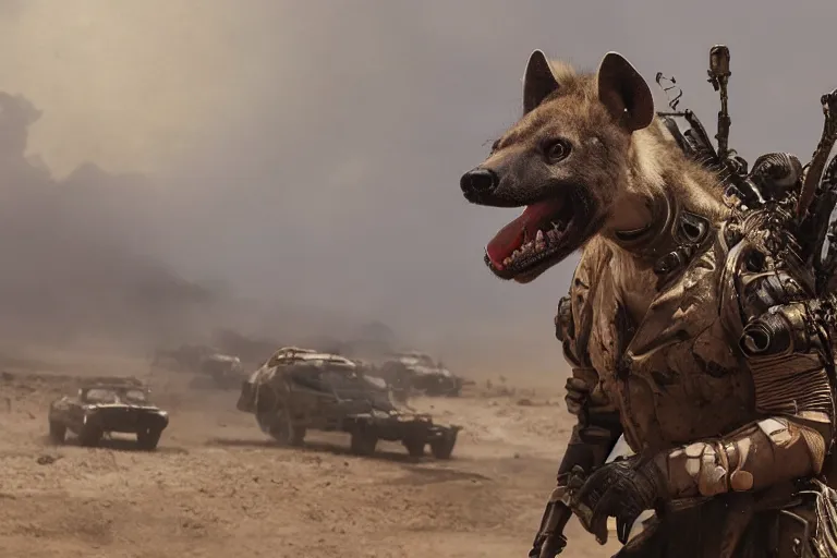 Image similar to a good ol'hyena fursona ( from the furry fandom ), heavily armed and armored facing down armageddon in a dark and gritty version from the makers of mad max : fury road. witness me.