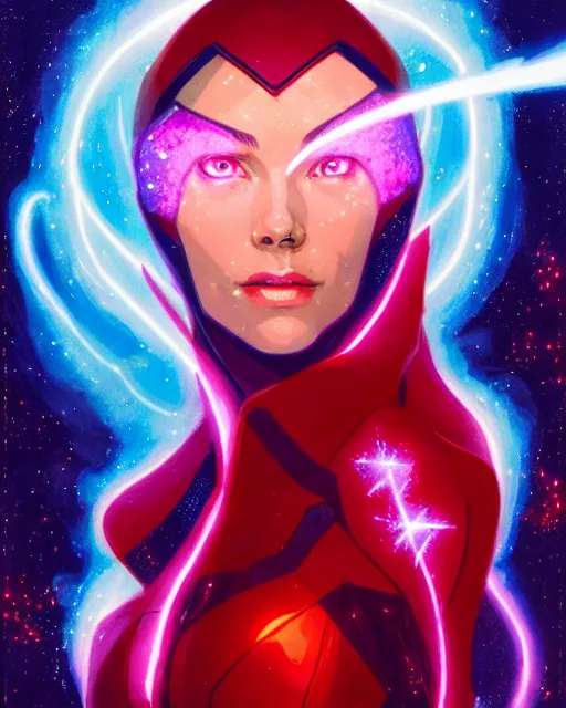 Image similar to a character portrait of scarlet witch with glow, surrounded with spiriling sparkling flash crystals and galaxies, by jesper ejsing, aleksi briclot, hyper light drifter, by ilya kuvshinov katsuhiro, jim burns, ed emshwiller, greg rutkowski, trending on artstation