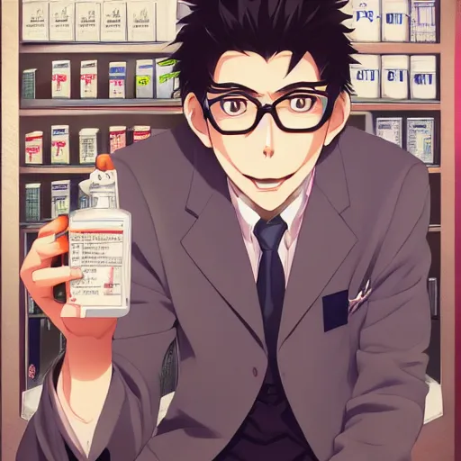 Image similar to portrait of crazy pharmacist, anime fantasy illustration by tomoyuki yamasaki, kyoto studio, madhouse, ufotable, trending on artstation