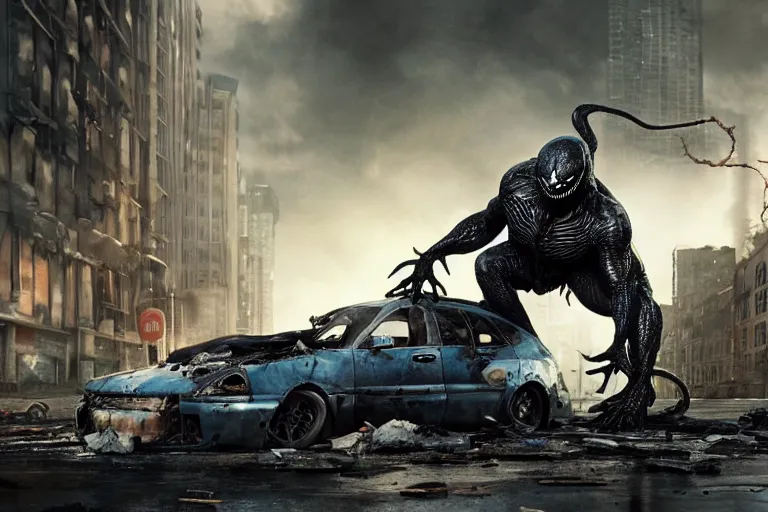 Image similar to Venom symbiote standing on top of a destroyed car in an urban environment, arms stretched wide art by Jason Chan and Cedric Peyravernay, hyperealistic, Octane render, volumetric lighting