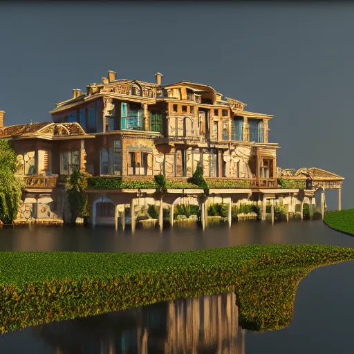 Image similar to fractal villa on edge of a lake, photorealistic, cinematic, volume light, rendered in octane, artstation