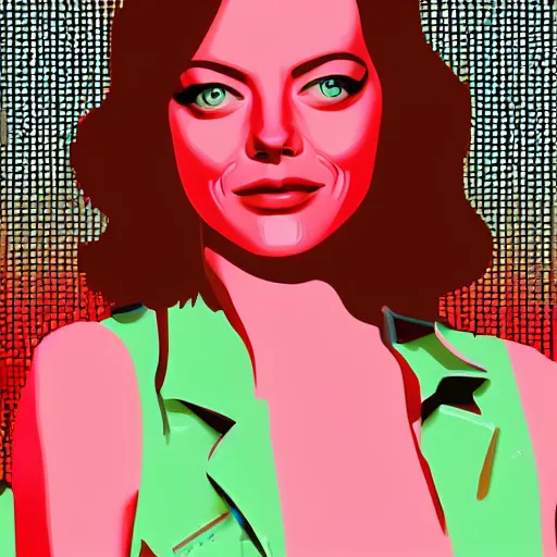 Image similar to a closeup of emma stone, in retro colors, synthwave style, 2 d digital vector art