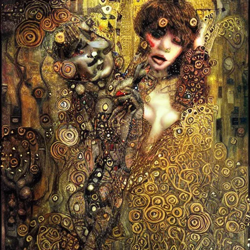 Image similar to cybernetic demon dreaming, lsd, circuitry, intricate detail, klimt, royo,