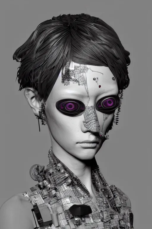 Prompt: an epic non - binary model, subject wearing a belt made out of computer mice, grungy, beautiful, intricate, black and white colors, with pastel pink highlights, melting, houdini sidefx, by jeremy mann and ilya kuvshinov, jamie hewlett and ayami kojima, trending on artstation, bold 3 d