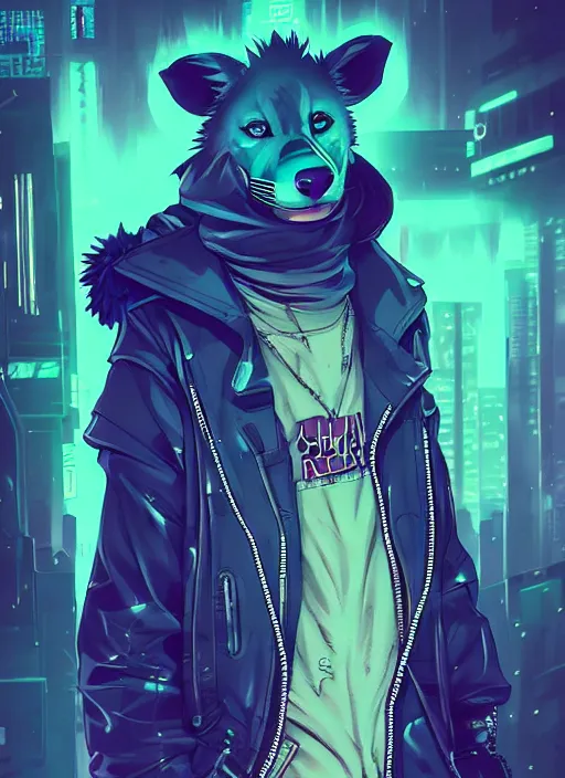 Prompt: beautiful portrait commission of a male furry anthro hyena fursona wearing cyberpunk skater clothes. Cyberpunk city at night in the rain. Neon light. Atmospheric. Character design by charlie bowater, ross tran, artgerm, and makoto shinkai, detailed, inked, western comic book art