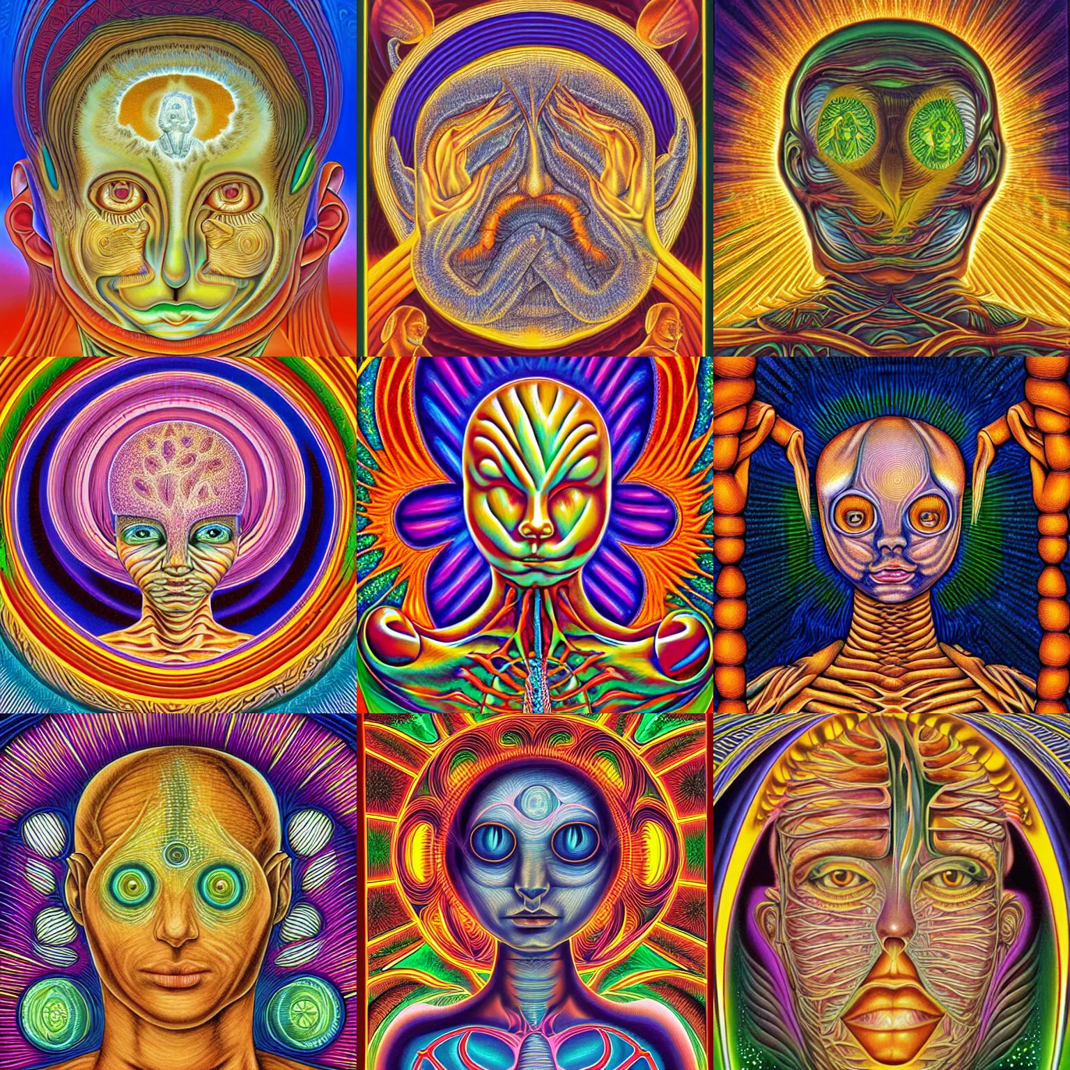 Prompt: paula deens famous butter and rabbit pineal gland stew illustration by alex grey