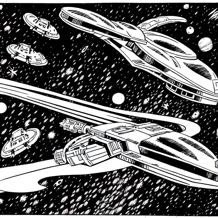 Image similar to a dinosaur spaceship in space, inked illustration, in the style of jack kirby, 1 9 8 5, sharp detail