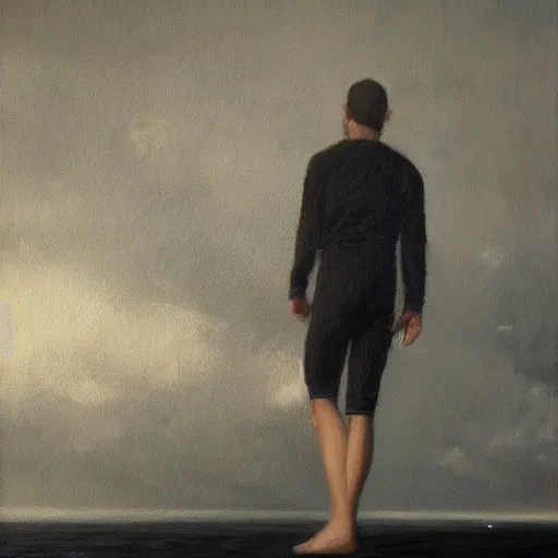 Prompt: man floating in the blackness, oil painting, pale colors, high detail, 8 k, wide angle, trending on artstation,