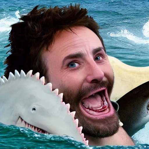 Prompt: Charlie Day from IASIP being eaten by a shark in the ocean.