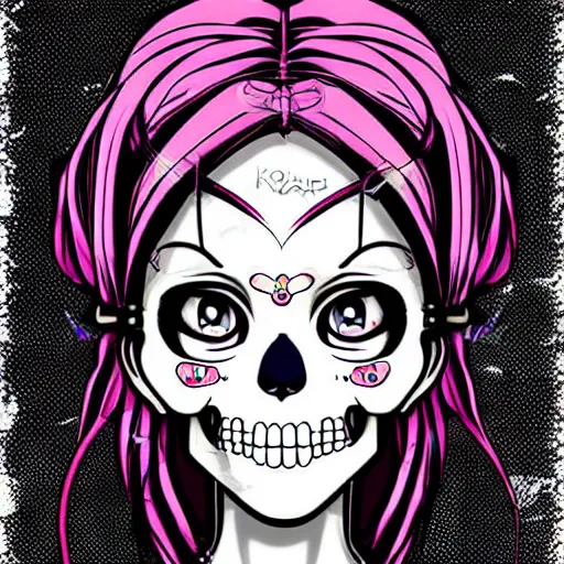 Prompt: anime manga skull portrait young woman skeleton, hello kitty, elegant, highly detailed, digital art, art by singer sergeant rolf harris