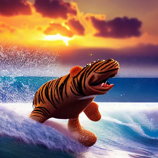 Prompt: a closeup photorealistic photograph of a cute smiling knitted tiger hippopotamus riding an epic wave at sunset. surf in the background. professional capture. brightly lit scene. this 4 k hd image is trending on artstation, featured on behance, well - rendered, extra crisp, features intricate detail, epic composition and the style of unreal engine.