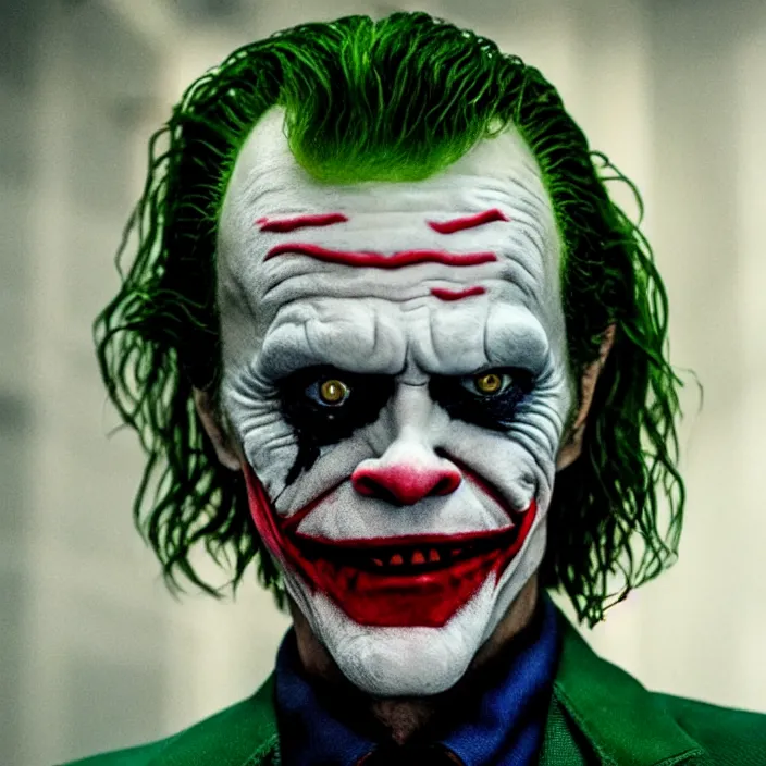 Image similar to willem dafoe as the joker, 8 k, movie still