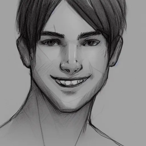 Image similar to sketch of a smiling teenage boy with very short side part hair smiling trending on artstation