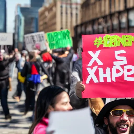 Prompt: photograph of smiling man holding a protest sign saying'xdxbfjzbd in the ahhhahhhahh ', high detail, 8 k resolution