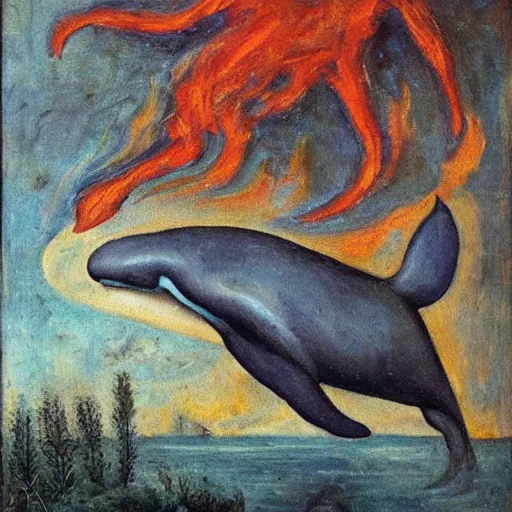 Prompt: bosch oil painting of an abstract silicon whale god of fire, flying over tormented people in a lake