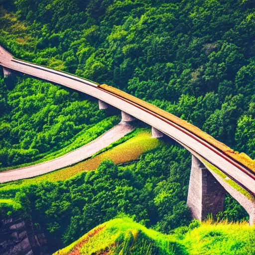 Prompt: 90s kodak photo of a rural countryside, hilly, sharp cliffs, forested, natural, beautiful, warm lighting, hyperdetailed, tilt shifted, highway, train bridge, digital photography