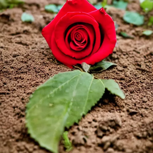 Image similar to a red rose, on a dirt grave, photography, faded